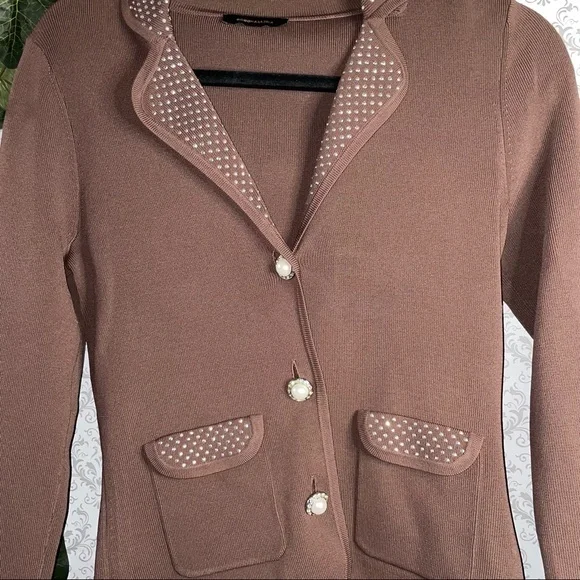 bcbgmaxzria sweater brown jacket woman studs fits small buttons up rhinestone - Picture 4 of 7